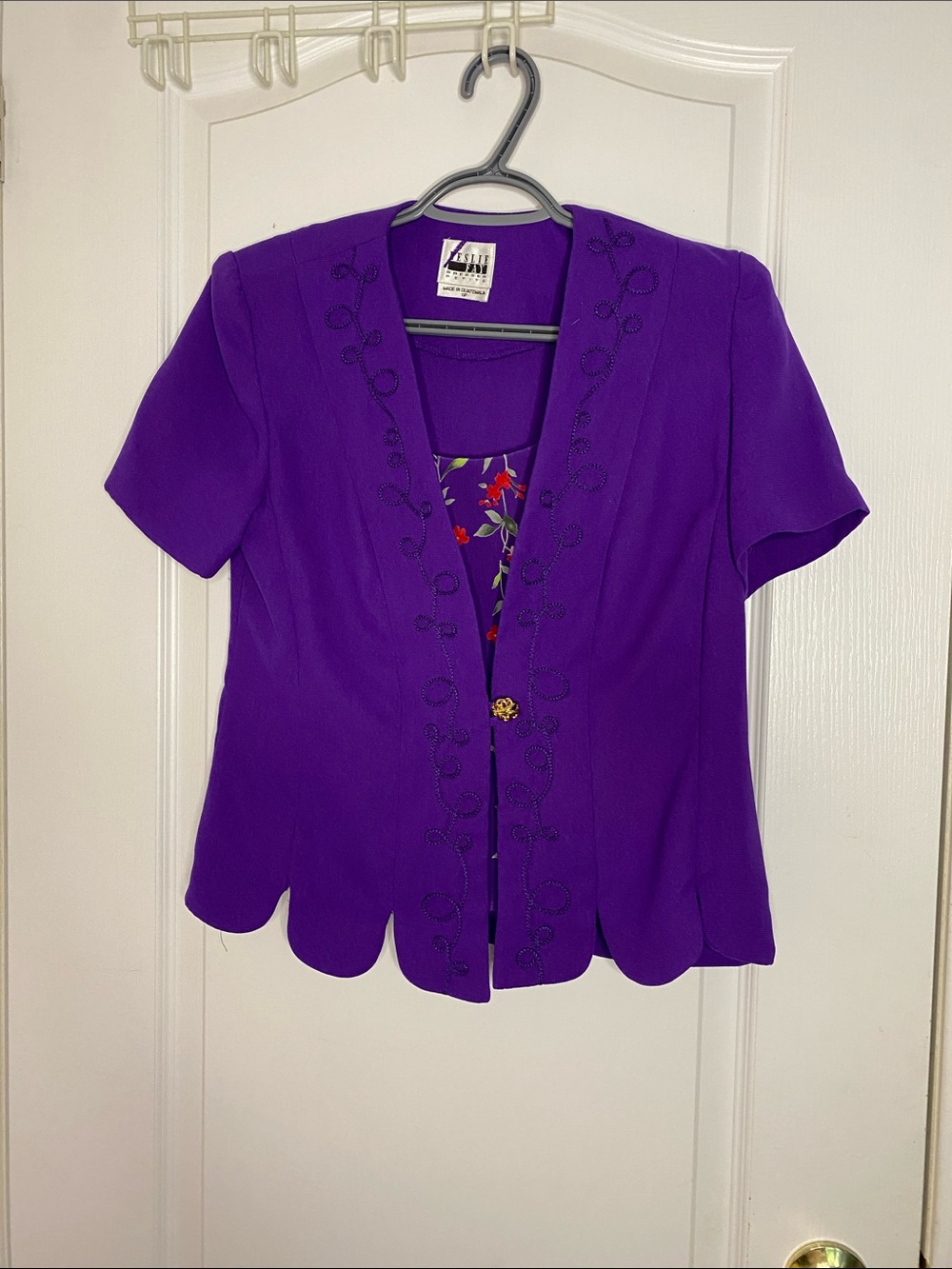 Leslie Fay Purple Short Sleeve Scalloped Jacket Blouse